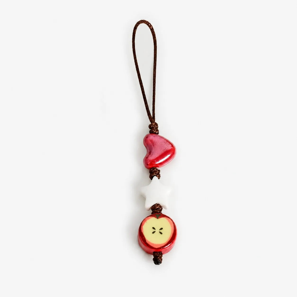 Handmade Ceramic Heart Star Apple Bag Charm – Braided Wax Cord Everyday Accessory
