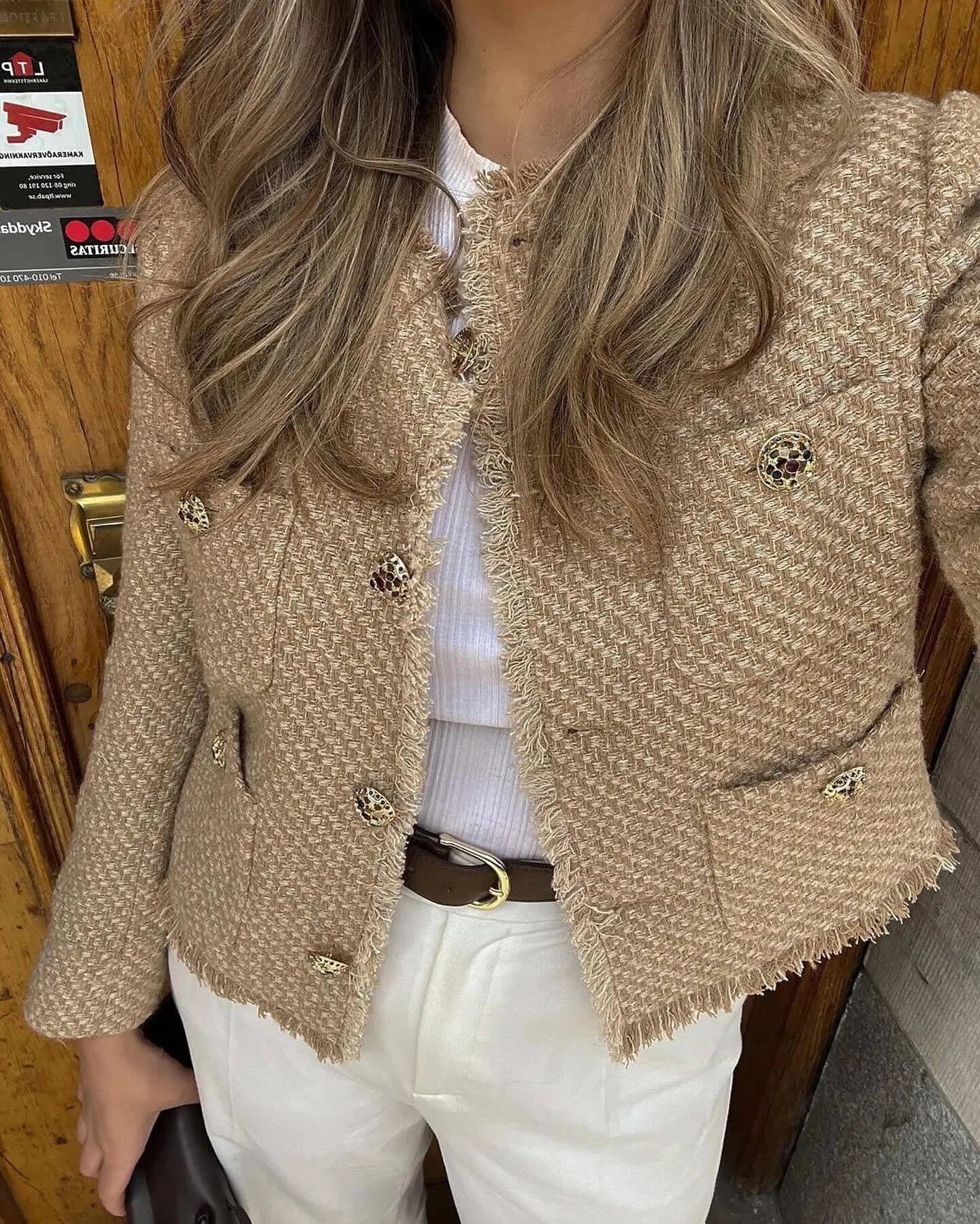 Chic Female Tweed Jacket Coat, Woolen Outerwear, Long Sleeve, Front Button