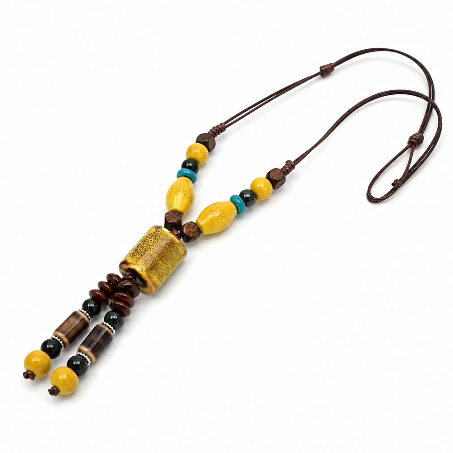 Handmade Ceramic Beaded Pendant Necklace – Adjustable Wax Cord Artisan Jewelry Gift for Women