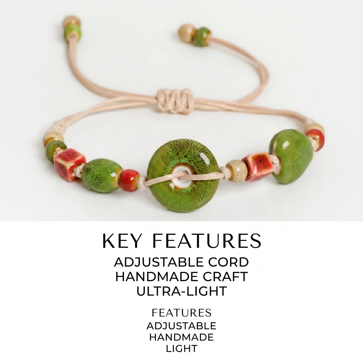 Handmade Ceramic Heart Button Bracelet – Adjustable Braided Cord Boho Jewelry for Women