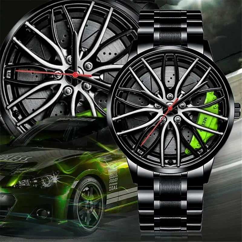 Men's Sports 3D Car Wheel Quartz Watch – Stainless Steel Band Wristwatch