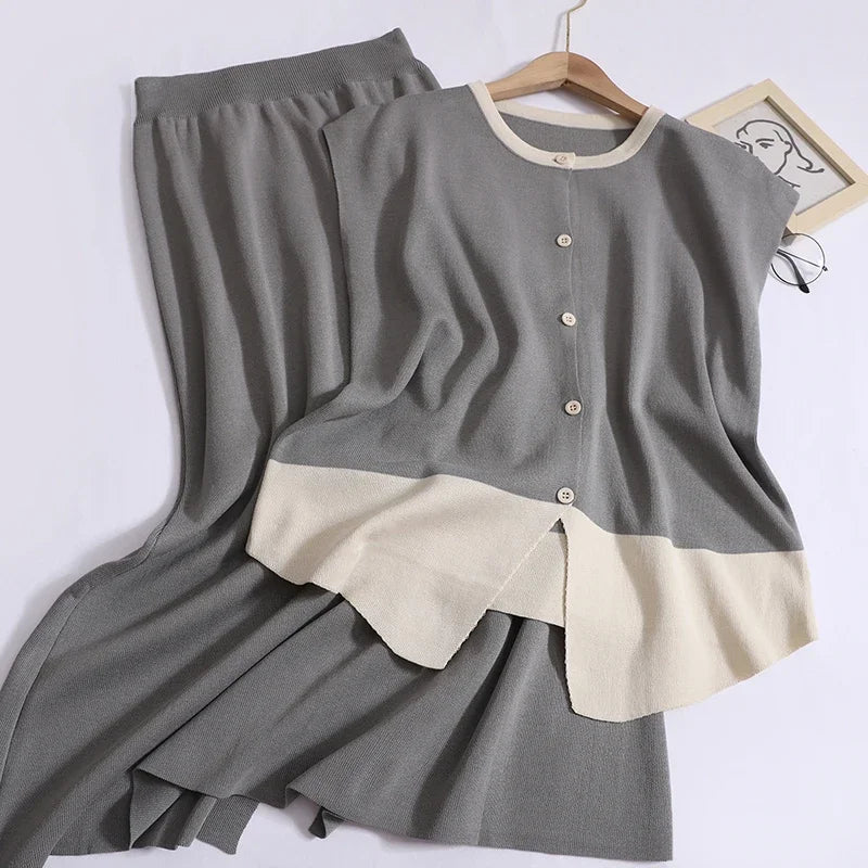 Elegant Office Two-Piece Knitted Set - Sleeveless Button Top & High-Waist Split Skirt